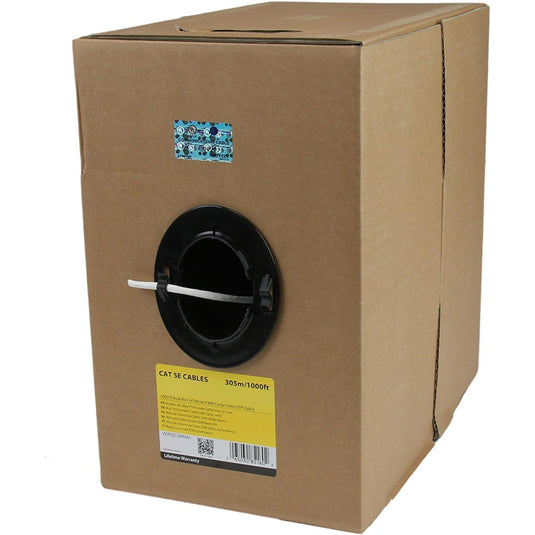 A standard box of CAT5E cable with an easy spool opening for easy access and use of the cable