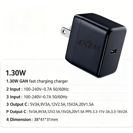 4XEM 30W USB-C GaN Wall Charger with PD & PPS Fast Charging – Compact Travel Power Adapter for iPhone, Samsung & USB-C Devices (Black)