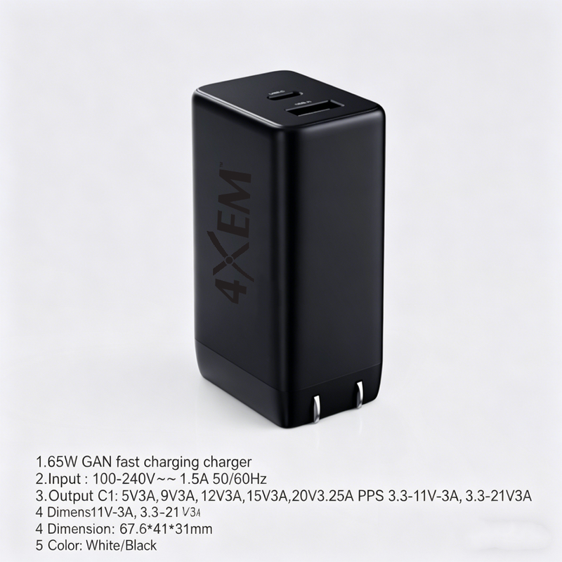 Load image into Gallery viewer, 4XEM 65W USB-C + USB-A GaN Wall Charger with PD &amp; PPS Fast Charging – Dual Port Compact Laptop &amp; Travel Power Adapter (Black)
