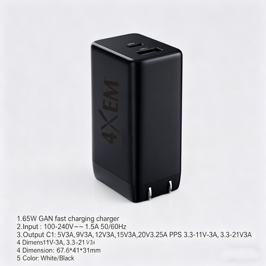 4XEM 65W USB-C + USB-A GaN Wall Charger with PD & PPS Fast Charging – Dual Port Compact Laptop & Travel Power Adapter (Black)
