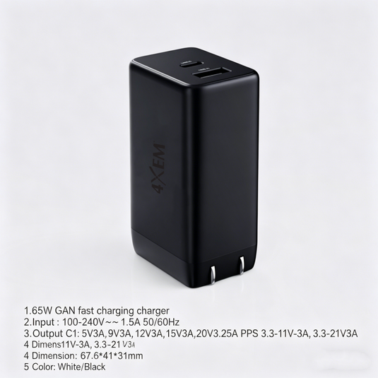 4XEM 65W USB-C + USB-A GaN Wall Charger with PD & PPS Fast Charging – Dual Port Compact Laptop & Travel Power Adapter (Black)