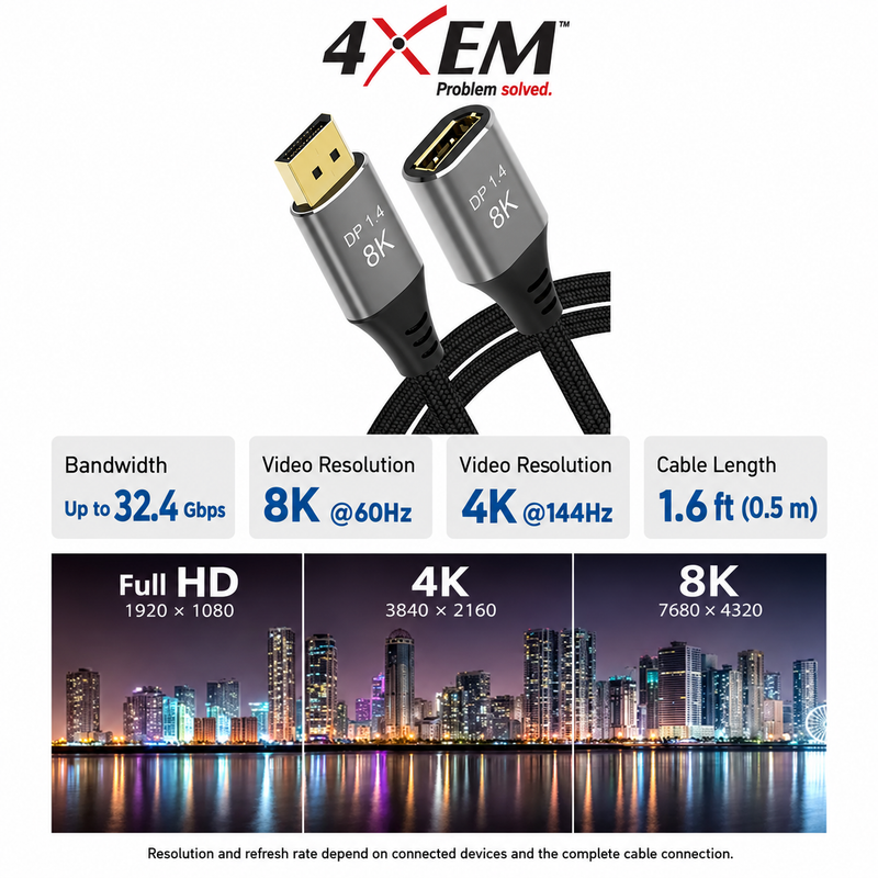 Load image into Gallery viewer, 4XEM 1.6 ft (0.5 m) DisplayPort male-to-female extension cable with 32.4 Gbps bandwidth, 8K 60Hz and 4K 144Hz support
