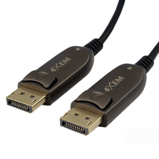 4XEM DisplayPort 1.4 active optical cable with gold-plated male connectors, locking buttons, and black cable jacket.