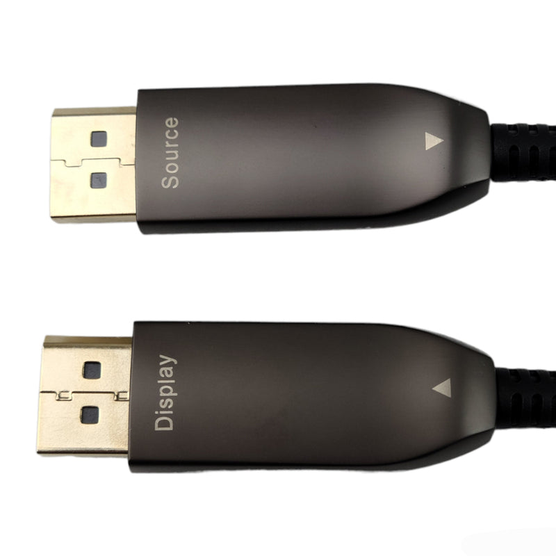 Load image into Gallery viewer, Close-up of 4XEM DisplayPort cable connectors labeled Source and Display, showing the required connection direction.
