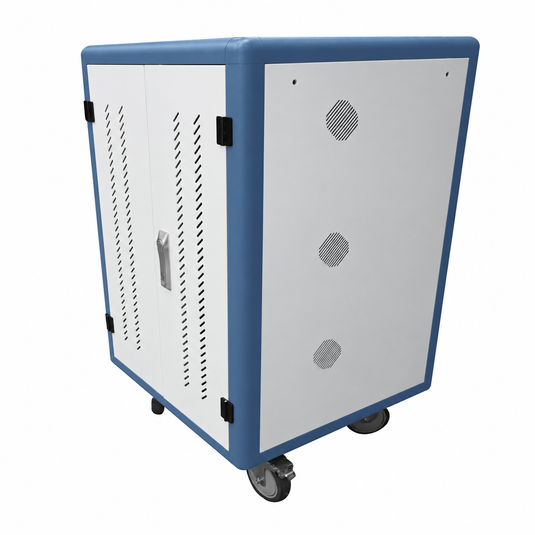 Rear view of locked laptop charging cabinet with ventilation grilles