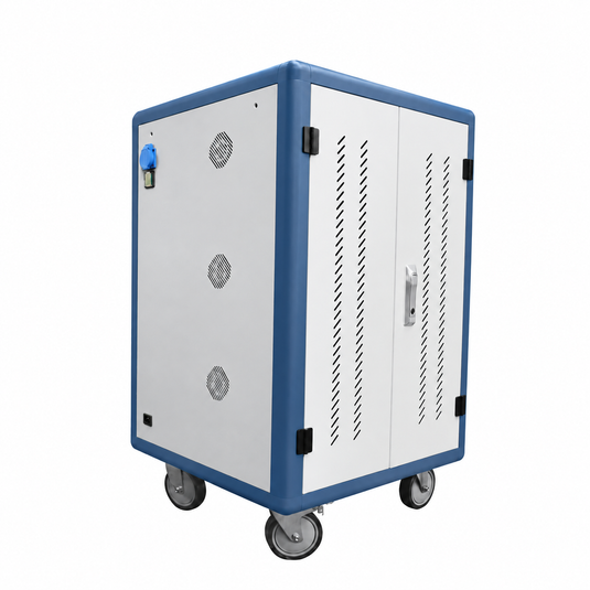 Front view of locking laptop charging cabinet with PDU power inlet and swivel wheels