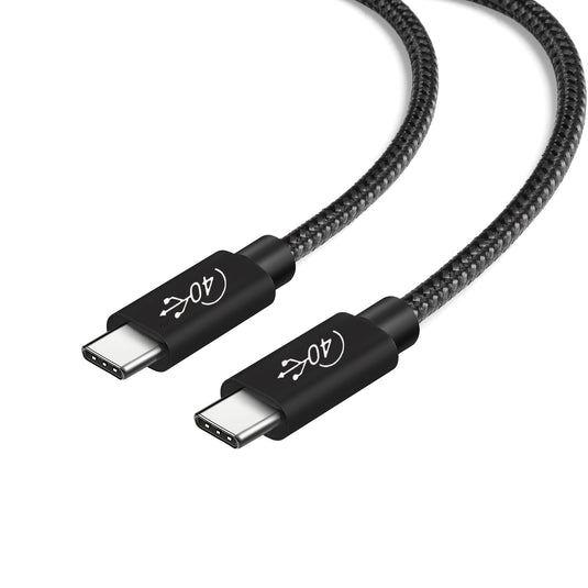 USB-C to USB-C black colored braided cables offering 40Gbps speeds against white background.