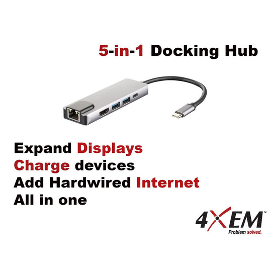 Image: This is a 5-in-1 docking hub that allows the user to expand displays, charge devices and hardwire internet to their devices.