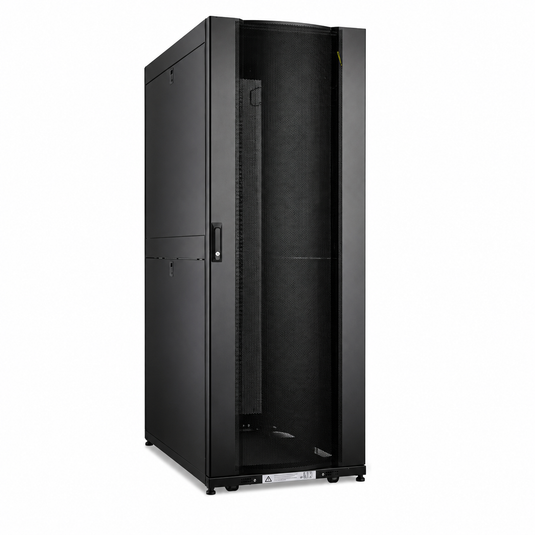 A tall black server rack cabinet with one door open, showing the interior shelving and cable management, photographed on a plain white background.