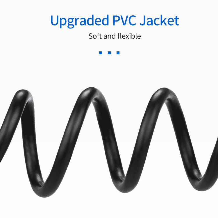 Load image into Gallery viewer, A coiled side profile of a cable showcasing flexibility with text stating &quot;Upgraded PVC Jacket Soft and Flexible&quot;.
