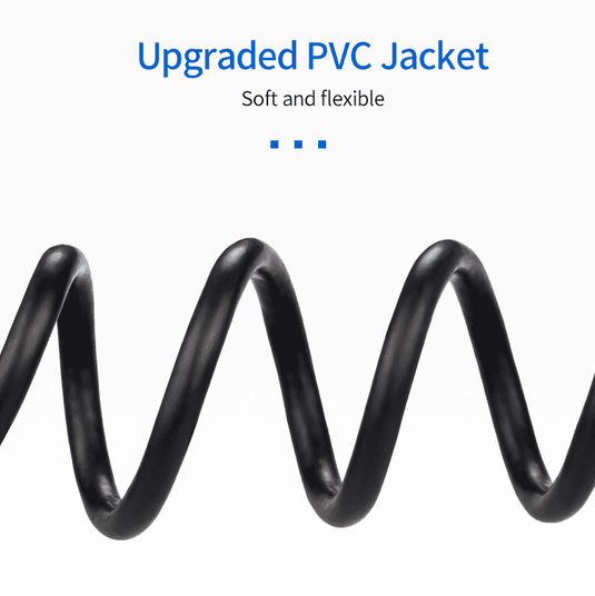 A coiled side profile of a cable showcasing flexibility with text stating "Upgraded PVC Jacket Soft and Flexible".