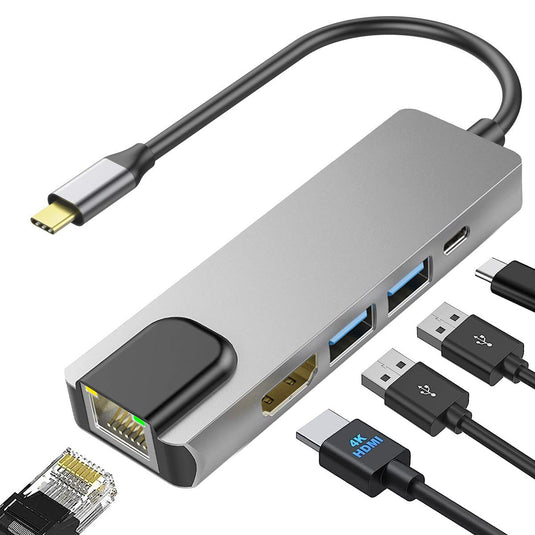 Alternate angled image of the USB-C hub. Showcasing how an ethernet, hdmi or usb cable would fit into any of the ports on the hub