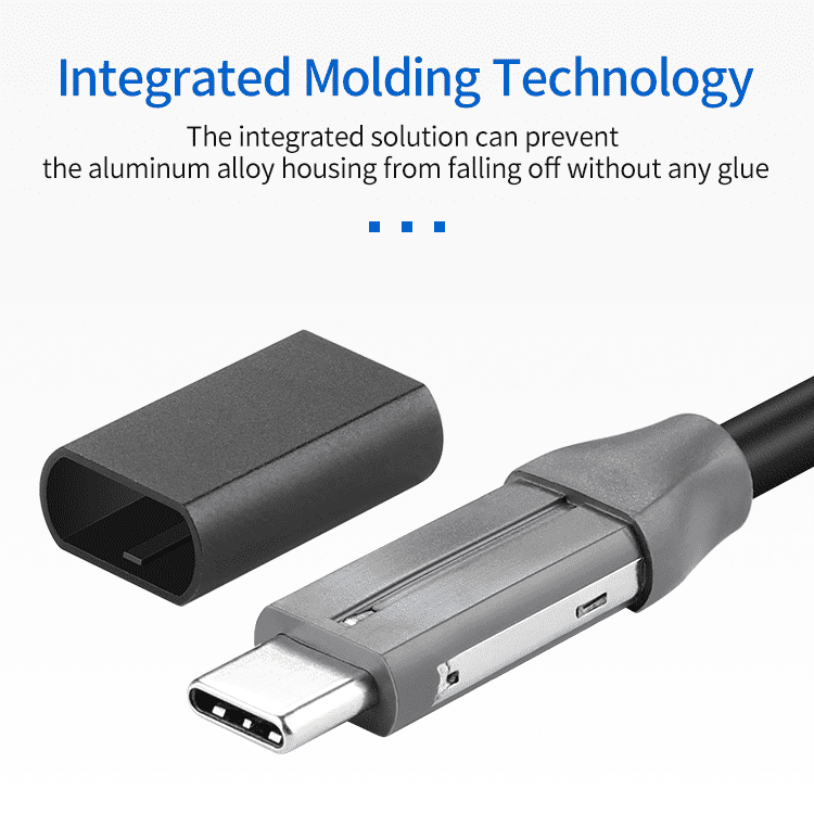 Load image into Gallery viewer, USB-C cable with part removed to showcase design. Image: &quot;Integrated solution protects aluminum housing from glue damage.&quot;
