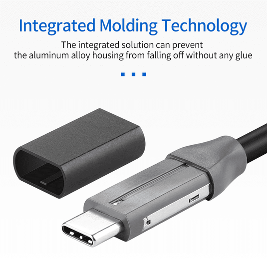 USB-C cable with part removed to showcase design. Image: "Integrated solution protects aluminum housing from glue damage."