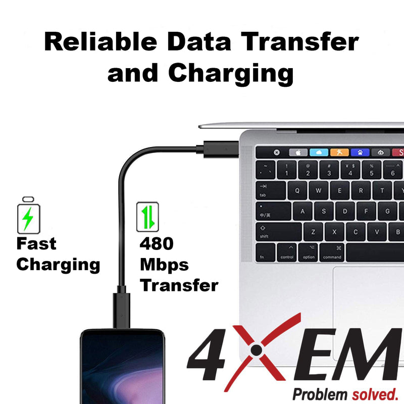 Load image into Gallery viewer, 4XEM USB Cable plugged into a smartphone and a laptop with text stating &quot;Fast Charging&quot; and &quot;480 Mbps Transfer&quot;.
