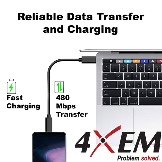 4XEM USB Cable plugged into a smartphone and a laptop with text stating "Fast Charging" and "480 Mbps Transfer".