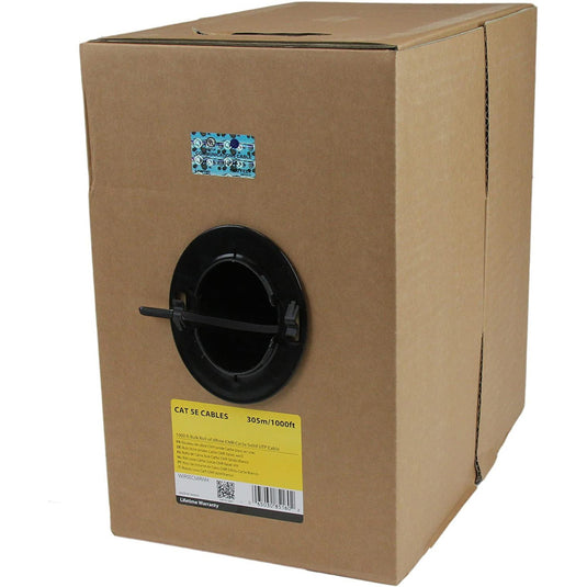 A standard box of CAT5E cable with an easy spool opening for easy access and use of the cable
