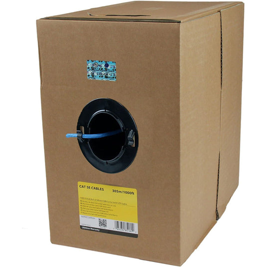 A standard box of CAT5E cable with an easy spool opening for easy access and use of the cable