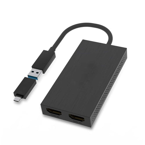 Black USB Display Adapter showcasing 2 HDMI ports with a USB-A connector and a smaller USB-C adapter which is separate but comes with the Display adapter