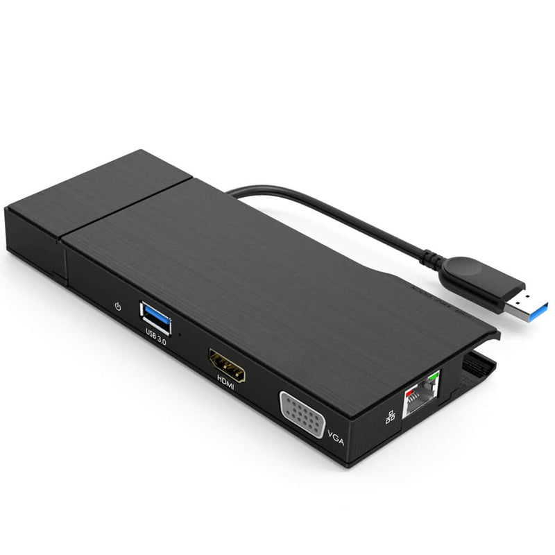 Load image into Gallery viewer, Alternate angle image of the docking station showcasing the USB 3.0, HDMI and VGA ports as well as a RJ-45 ethernet port at the front of the device.
