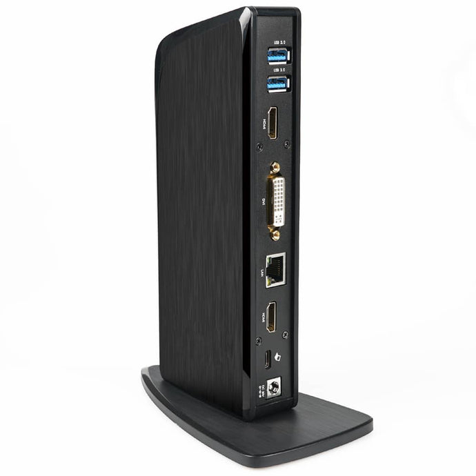 Black Docking station standing upright on a stand. The image highlights the variety of ports offered included VGA, Ethernet, USB and HDMI.