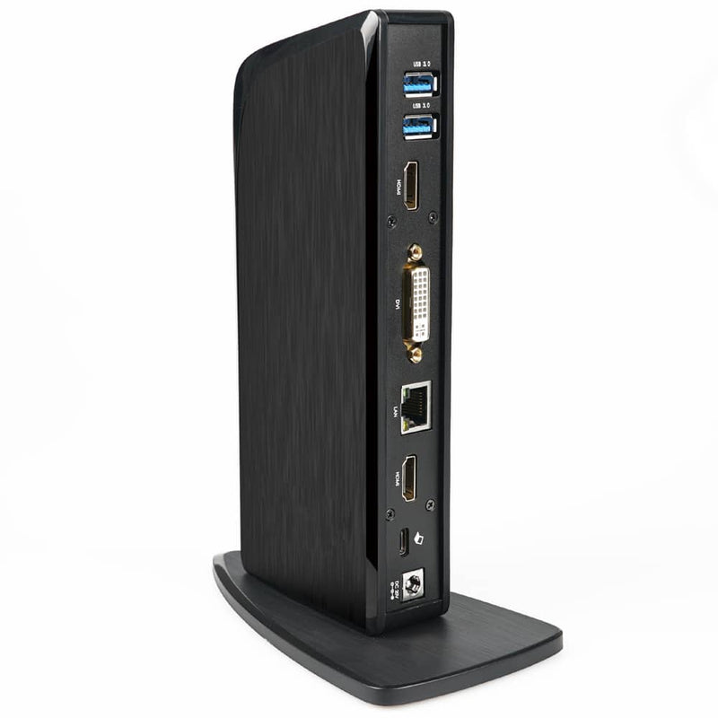 Load image into Gallery viewer, Black Docking station standing upright on a stand. The image highlights the variety of ports offered included VGA, Ethernet, USB and HDMI.
