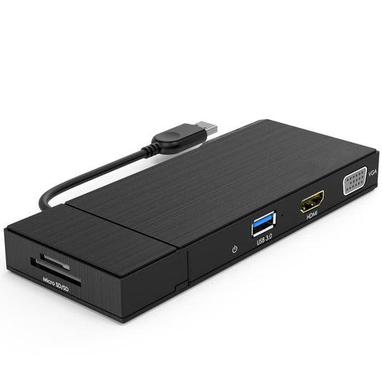 Black USB type A docking station. Image showcases the USB 3.0, HDMI and VGA ports as well as a SD and Micro SD card slots