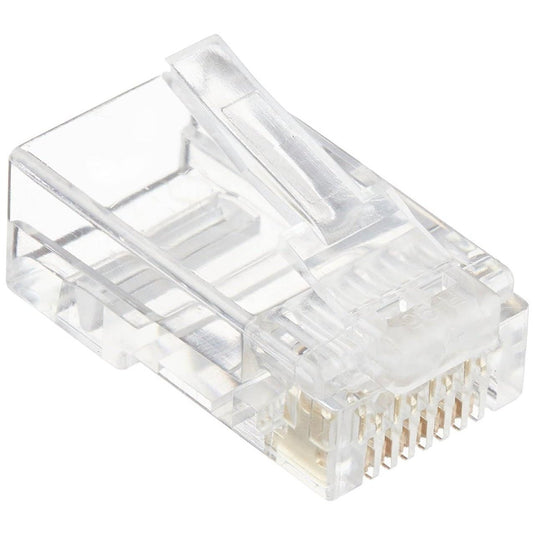 Close-up image of clear CAT6 rj-45 connector head. Pins down with clip being showcased