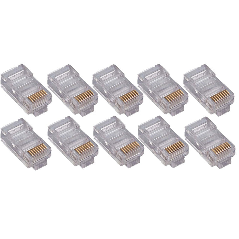 Load image into Gallery viewer, CAT5E/CAT6 RJ-45 connector heads. Clear in color. Sample size of 10 connectors against a white background
