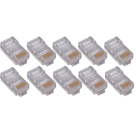 CAT5E/CAT6 RJ-45 connector heads. Clear in color. Sample size of 10 connectors against a white background