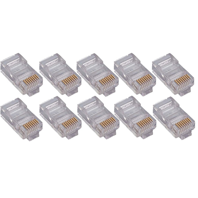 CAT5E RJ-45 connector heads. Clear in color. Sample size of 10 connectors against a white background