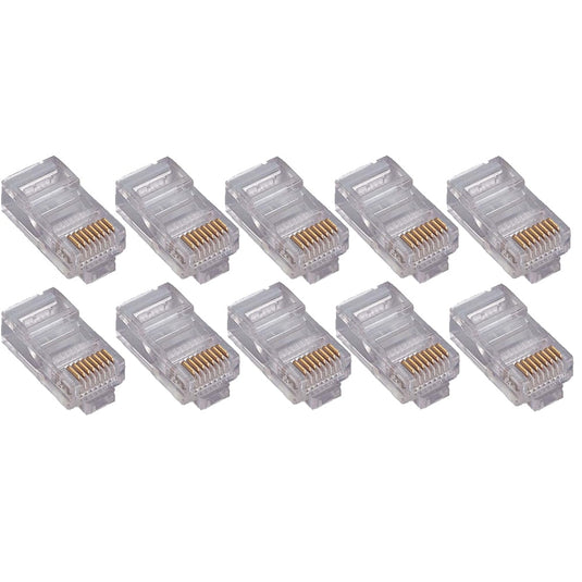 CAT6 RJ-45 connector heads. Clear in cooler. Sample size of 10 connectors against a white background