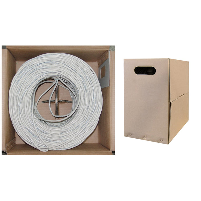 An image of bulk white ethernet cable within an box. The box is open showcasing how the cable is packaged within the box. There is also an image of the box closed showing a grip handle for carrying.
