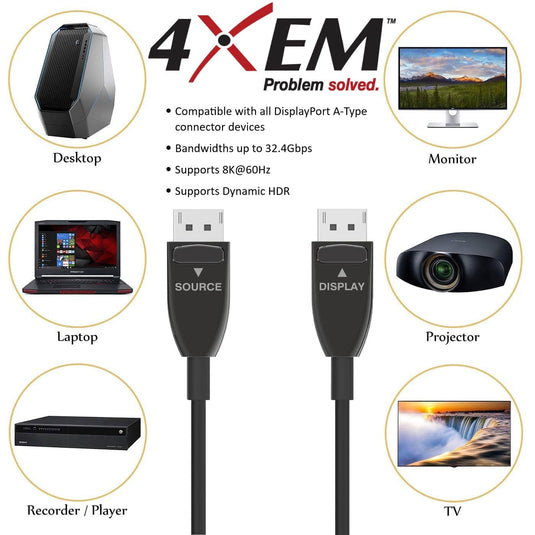 4XEM 60M 197FT HIGH SPEED ACTIVE OPTICAL FIBER DisplayPort 1.4 CABLE-8K@60HZ 4K@120HZ 7680 X 4320