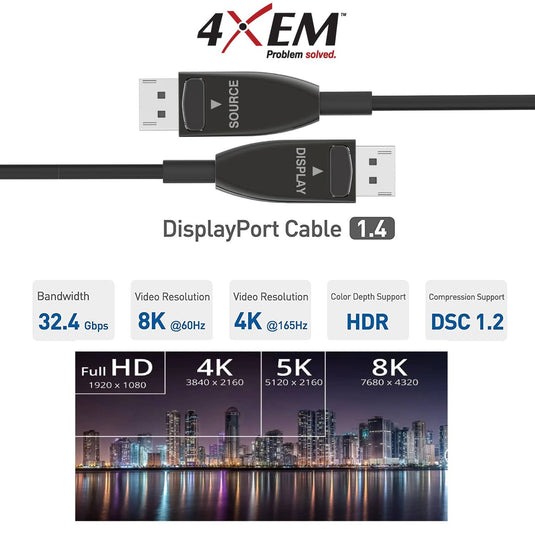 4XEM 100M 328FT HIGH SPEED ACTIVE OPTICAL FIBER DisplayPort 1.4 CABLE-8K@60HZ 4K@120HZ 7680 X 4320