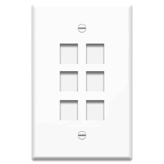 image of white 6 port rj-45 ethernet port wall plate 