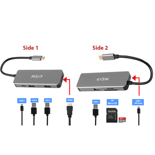 4XEM 8-in 1-out Type-C to HDMI/USB 3.0/TF/SD and USB-C adapter with Power Delivery