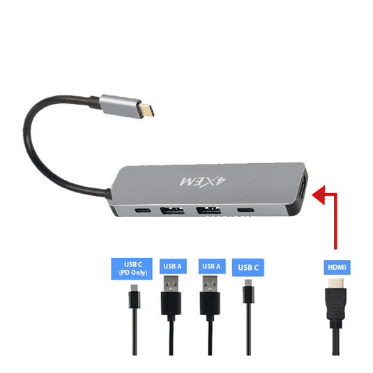 An image of the USB-C showing the different cables that are compatible with this device. USB Type A and USB Type C as well as an HDMI cable. One USB type C cable would be used for Power delivery only.