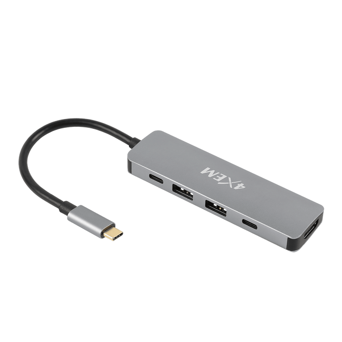 A Silver USB Type C hub that offers 2x USB-A ports and USB-C ports. The hub also has the 4XEM logo imprinted on it