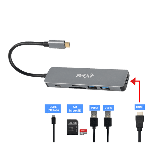 4XEM 6-in 1-out Type-C to HDMI/USB 3.0/SD and USB-C adapter with Power Delivery
