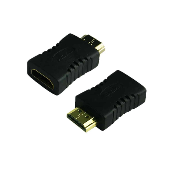 Two Male to Female HDMI adapters/couplers for cable extension against a white background