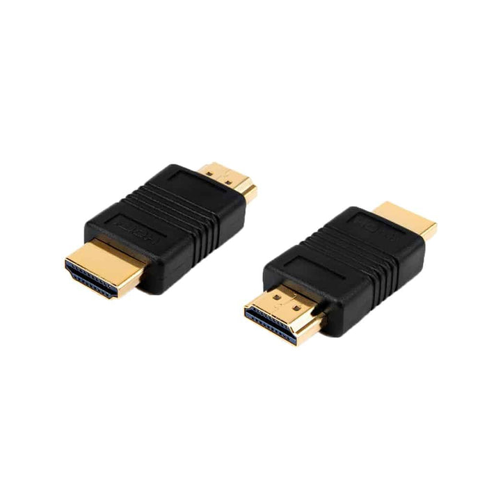 Two Male to Male HDMI Couplers against a white background