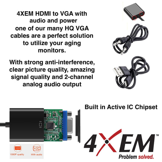 4XEM HDMI to VGA Adapter with Power and 3.5mm Audio Cable - Black
