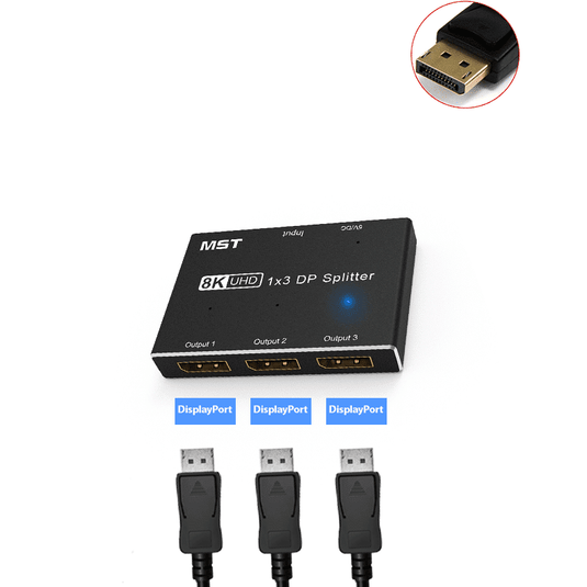 4XEM 1x3 3-Port 8K/4K DisplayPort Splitter Hub