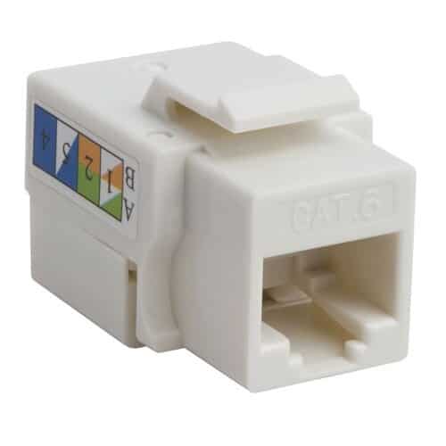 Close up image of a CAT RJ-45 Keystone Jack used in connecting bulk cable