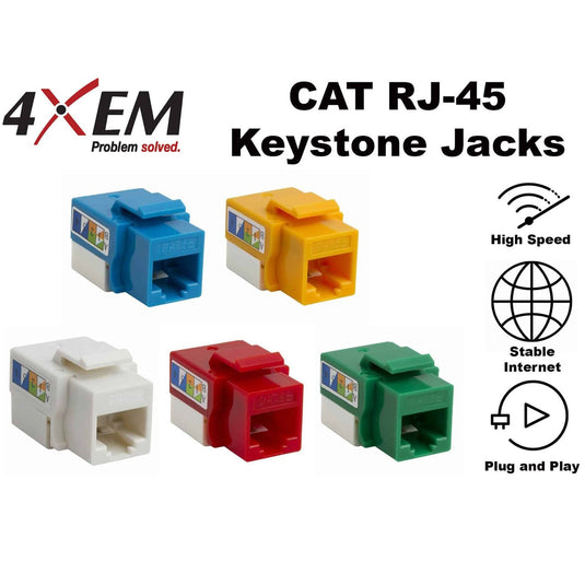 Image: CAT RJ-45 Keystone Jacks support high speeds, stable internet and offer plug and play installations. Image showcases 5 different colors yellow, blue, green, red, and white.
