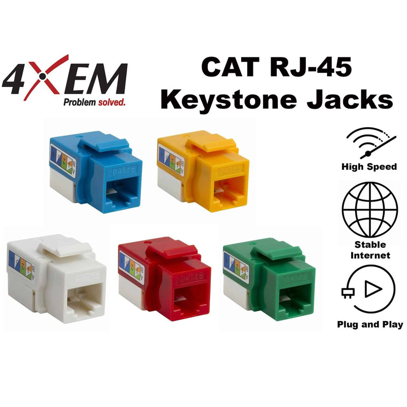 Load image into Gallery viewer, Image: CAT RJ-45 Keystone Jacks support high speeds, stable internet and offer plug and play installations. Image showcases 5 different colors yellow, blue, green, red, and white.
