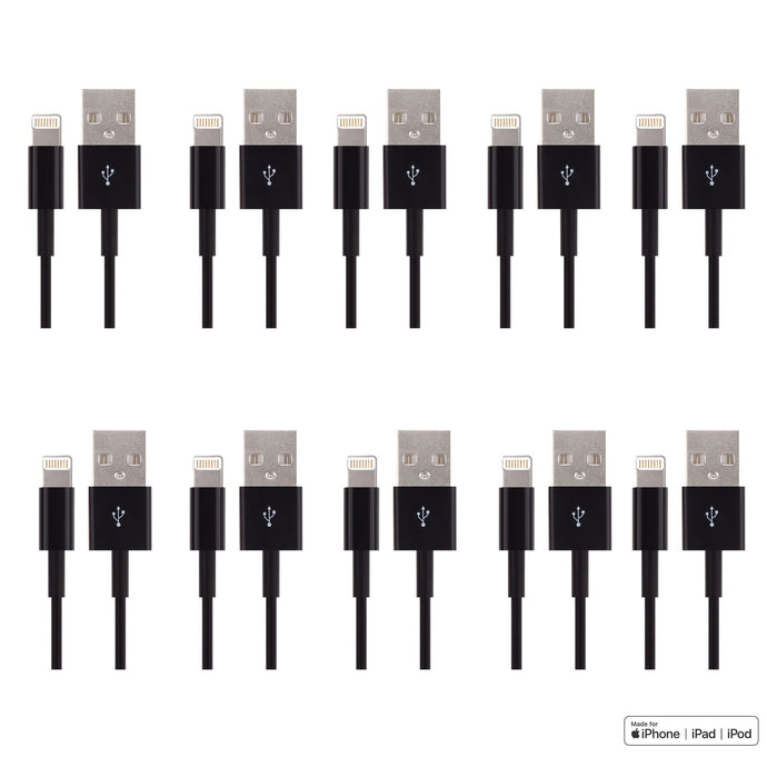 10 pairs of lightning cable connectors next to USB-A connector cables lined together 5 by 5 with the MFi Certified logo text in the bottom right of the image