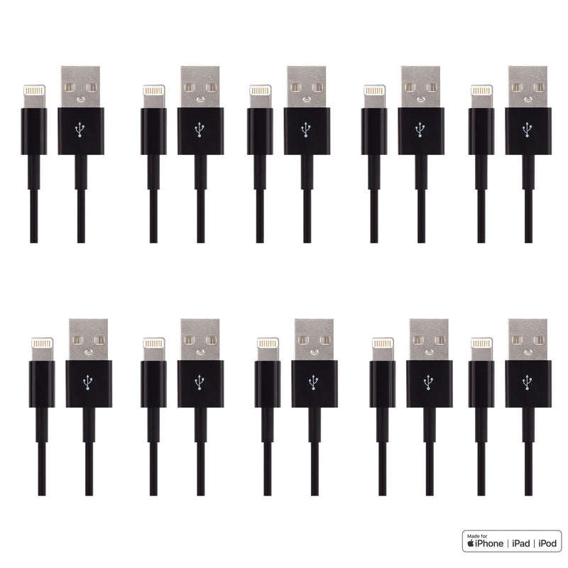 Load image into Gallery viewer, 10 pairs of lightning cable connectors next to USB-A connector cables lined together 5 by 5 with the MFi Certified logo text in the bottom right of the image
