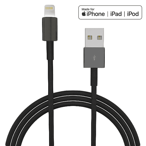 Male lightning cable connector next to Male usb-a cable connector black cable color connecting the two MFi certified logo text in top right corner
